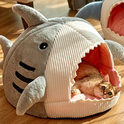 Enclosed Cat Bed - Warm Cotton Shark design