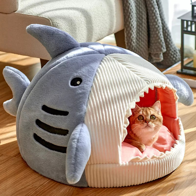 Enclosed Cat Bed - Warm Cotton Shark design