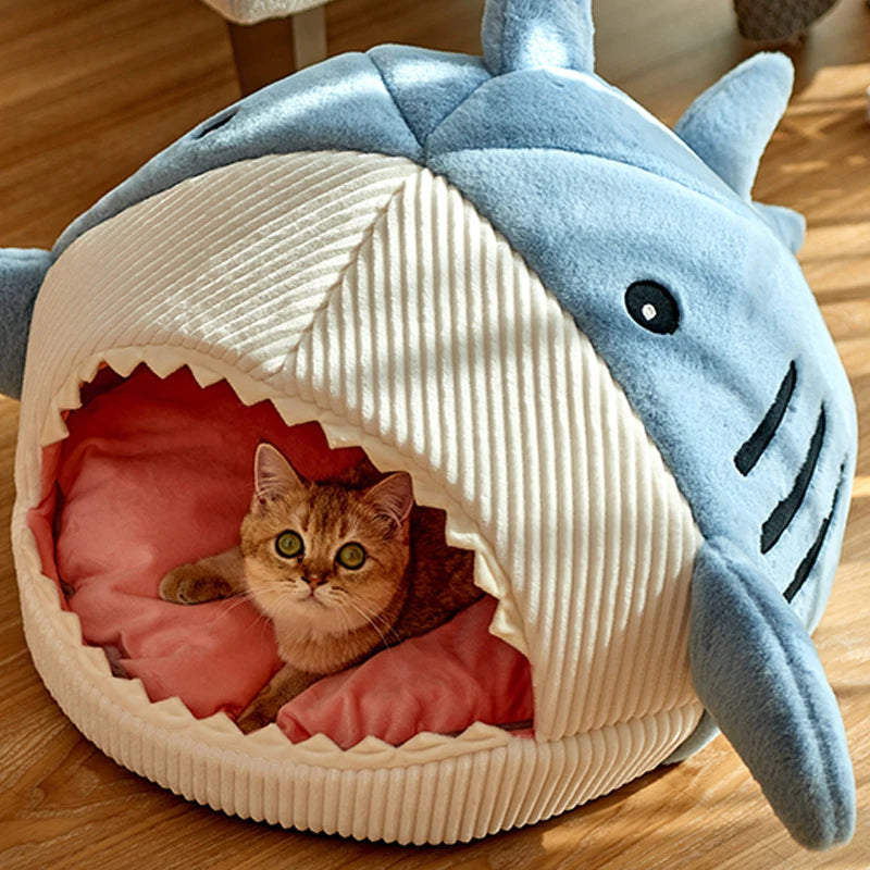 Enclosed Cat Bed - Warm Cotton Shark design