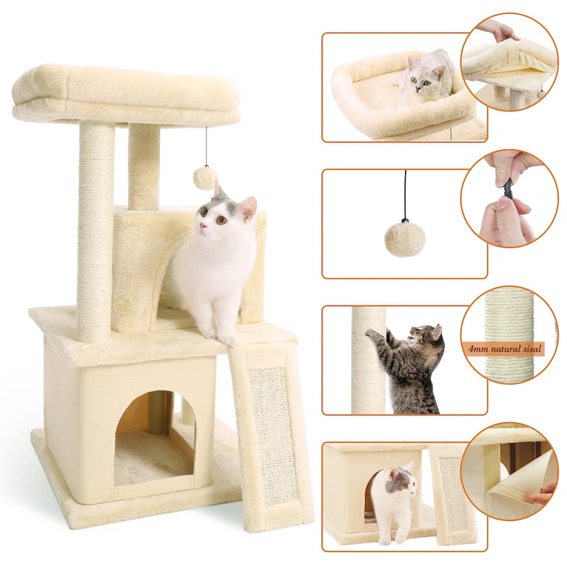 Cat Tower Condo - Spacious Perch, Cat Hammock, Fully Wrapped Durable Sisal Scratching Post, Built in Toy