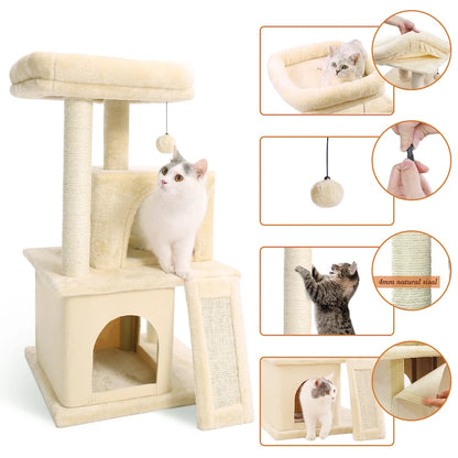 Cat Tower Condo - Spacious Perch, Cat Hammock, Fully Wrapped Durable Sisal Scratching Post, Built in Toy