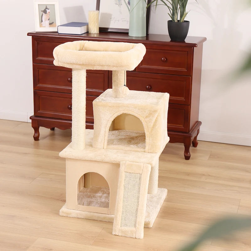 Cat Tower Condo - Spacious Perch, Cat Hammock, Fully Wrapped Durable Sisal Scratching Post, Built in Toy