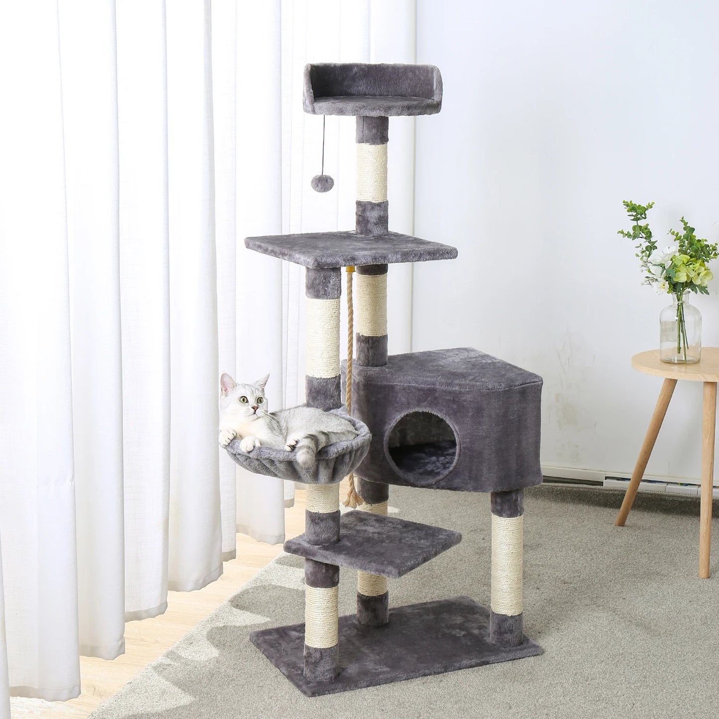 Cat Tower Condo - Spacious Perch, Cat Hammock, Fully Wrapped Durable Sisal Scratching Post, Built in Toy