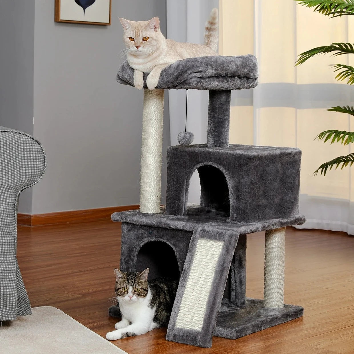 Cat Tower Condo - Spacious Perch, Cat Hammock, Fully Wrapped Durable Sisal Scratching Post, Built in Toy