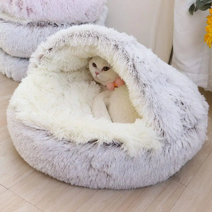 Round Cat Bed With Hood - Soft Plush Pet Mattress Warm Comfortable