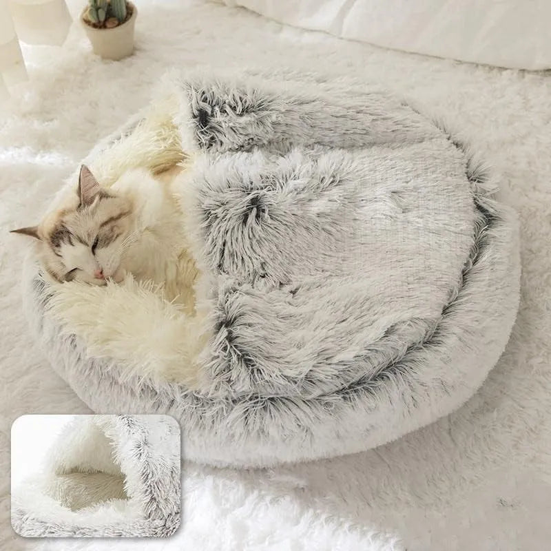 Round Cat Bed With Hood - Soft Plush Pet Mattress Warm Comfortable