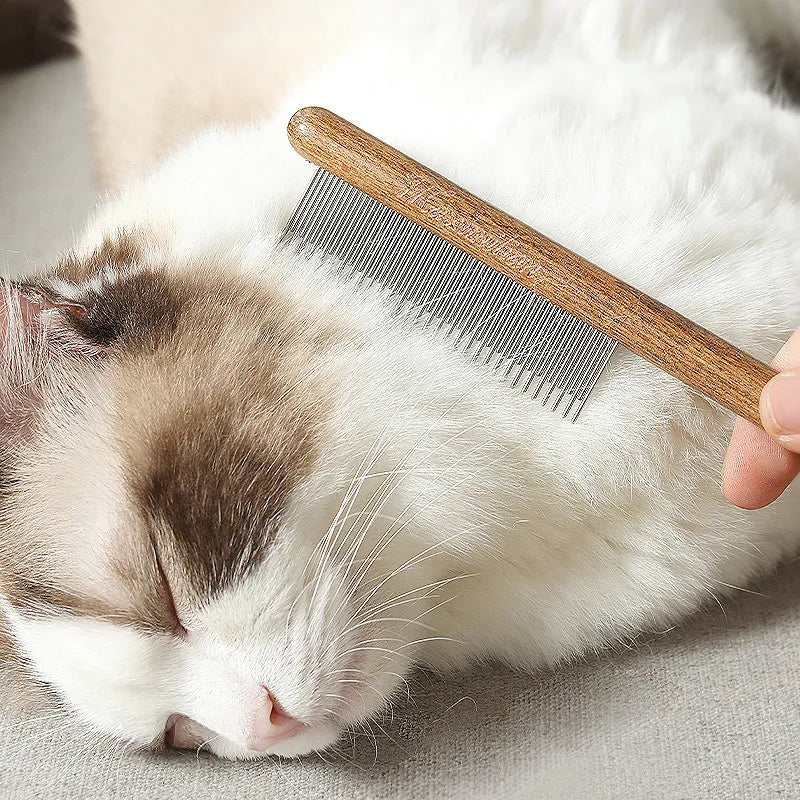 Cat Hair Comb - Stainless Steel Pet Hair Remover Wooden Handle Grooming Tool