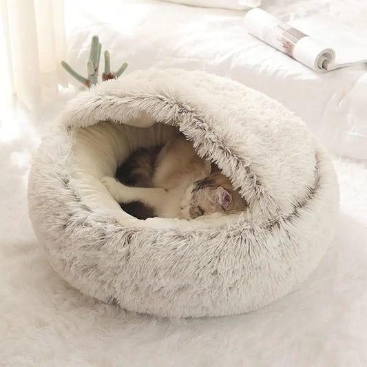 Round Cat Bed With Hood - Soft Plush Pet Mattress Warm Comfortable