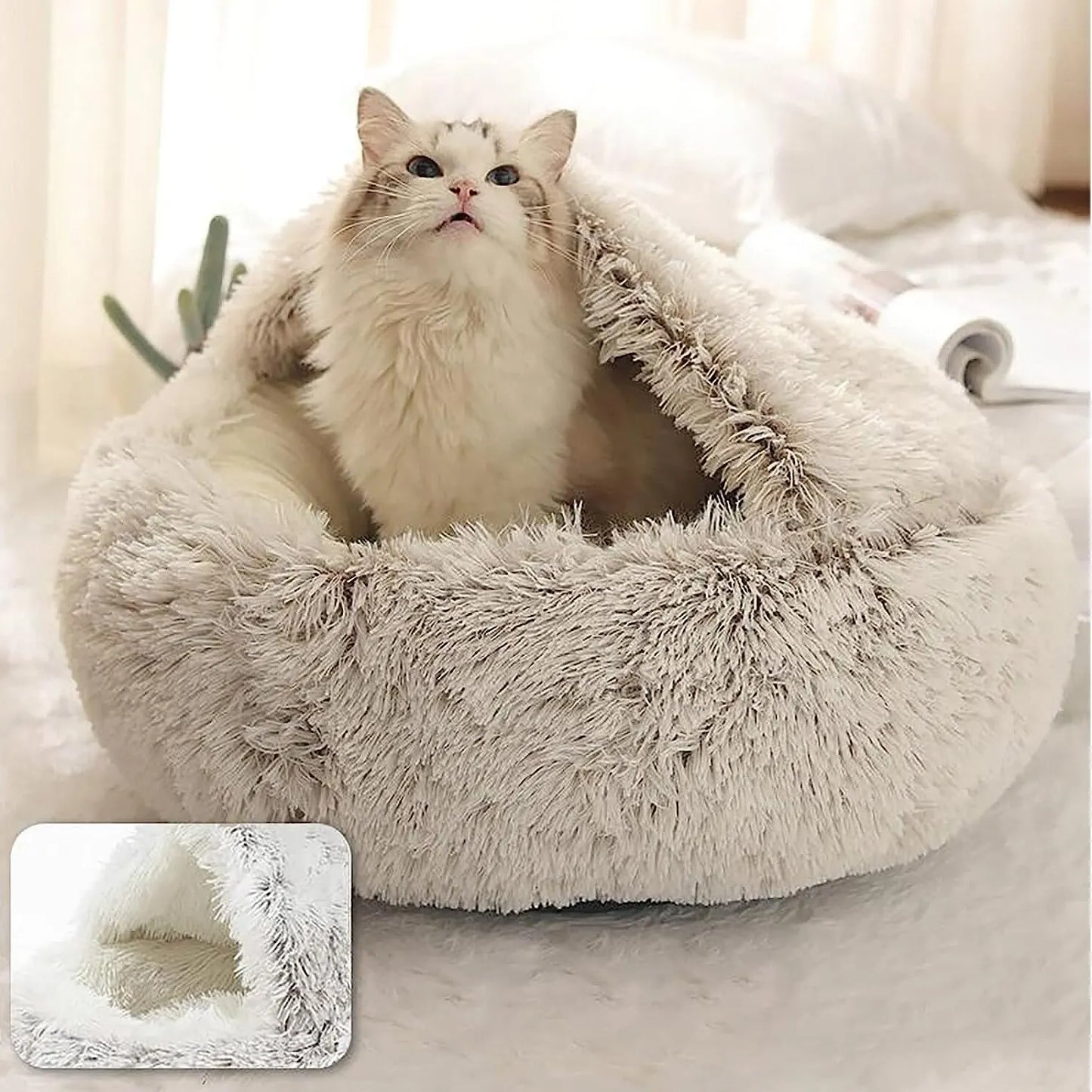 Round Cat Bed With Hood - Soft Plush Pet Mattress Warm Comfortable