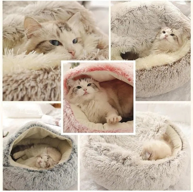 Round Cat Bed With Hood - Soft Plush Pet Mattress Warm Comfortable