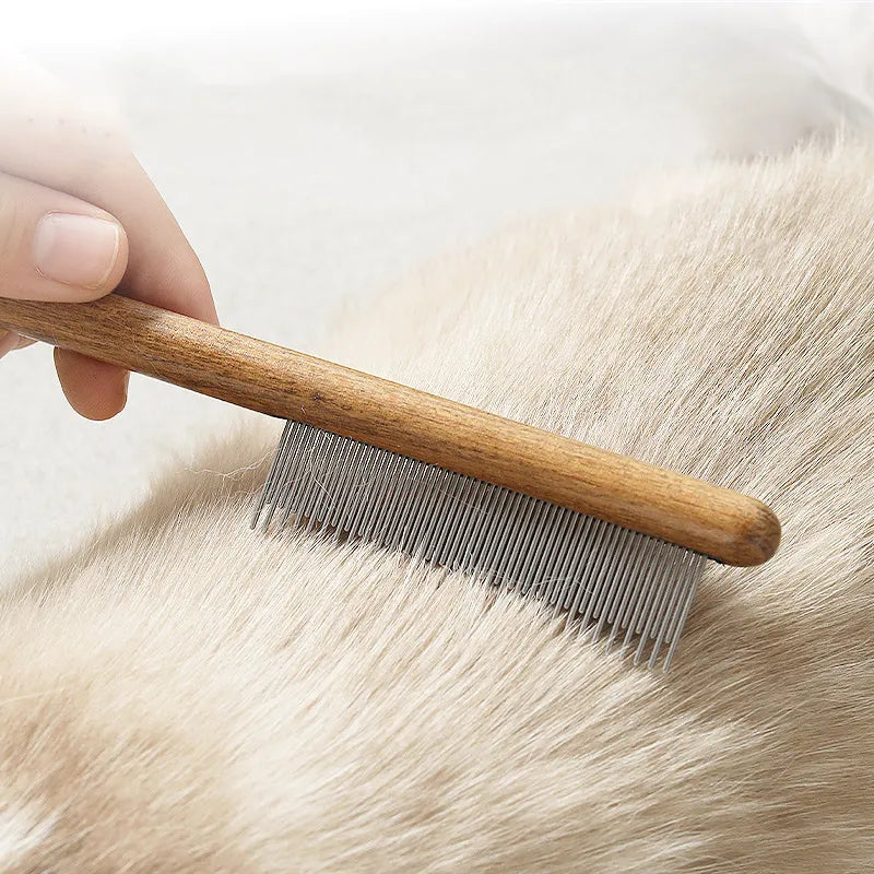 Cat Hair Comb - Stainless Steel Pet Hair Remover Wooden Handle Grooming Tool