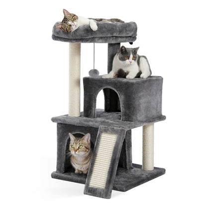 Cat Tower Condo - Spacious Perch, Cat Hammock, Fully Wrapped Durable Sisal Scratching Post, Built in Toy